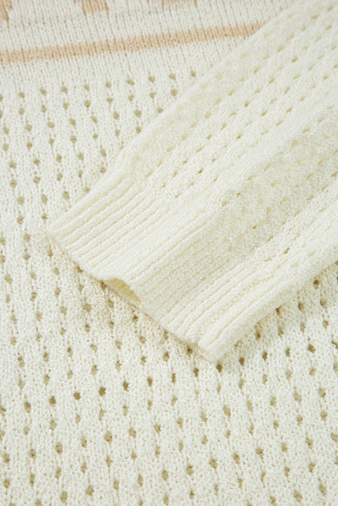 Textured Open Stitch Graphic Pullover Sweater