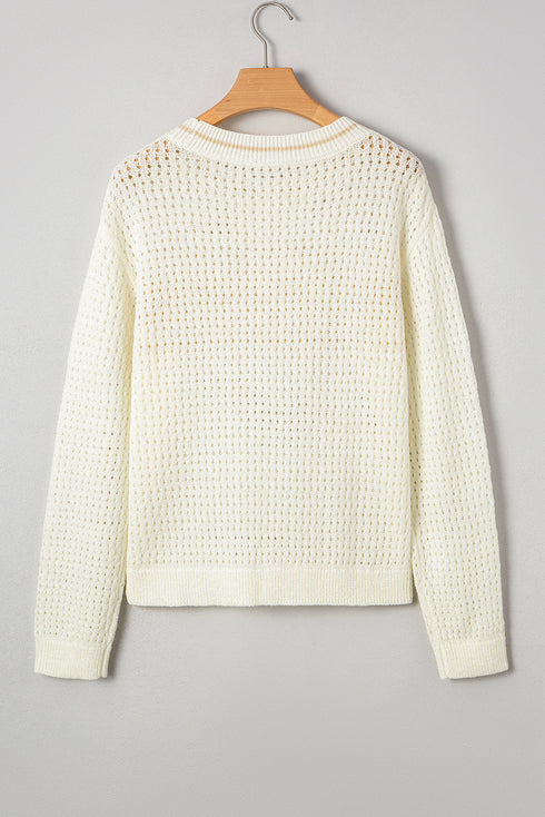 Textured Open Stitch Graphic Pullover Sweater