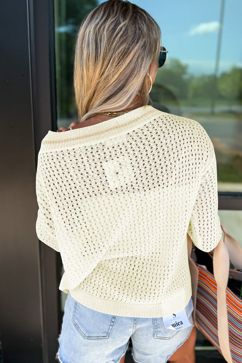 Textured Open Stitch Graphic Pullover Sweater