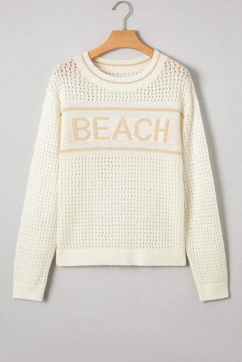 Textured Open Stitch Graphic Pullover Sweater