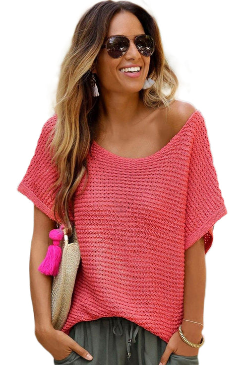 Textured Open Weave V Neck Short Sleeve Shirt