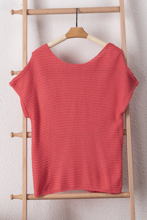 Textured Open Weave V Neck Short Sleeve Shirt