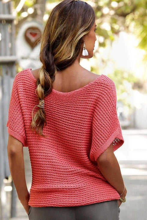 Textured Open Weave V Neck Short Sleeve Shirt