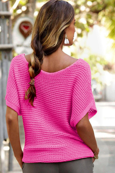 Textured Open Weave V Neck Short Sleeve Shirt