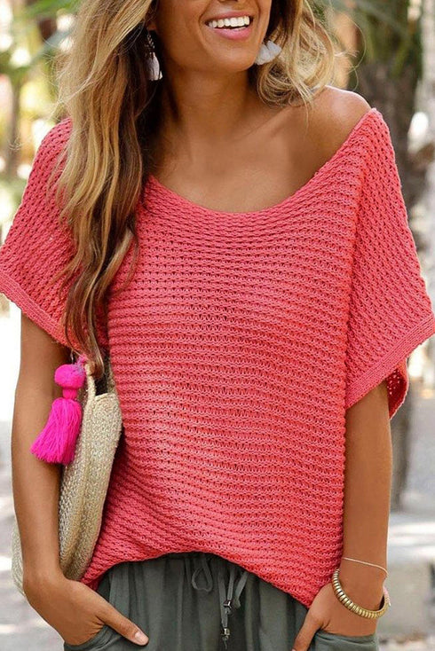 Textured Open Weave V Neck Short Sleeve Shirt