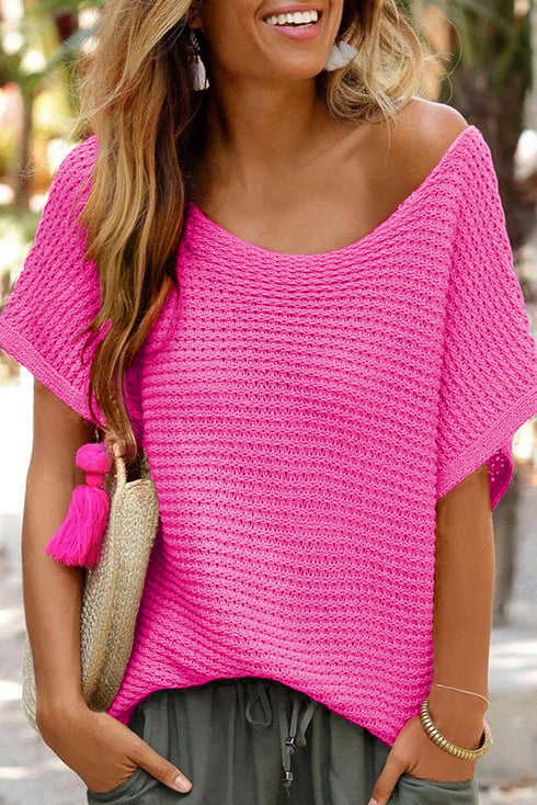 Textured Open Weave V Neck Short Sleeve Shirt