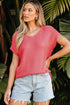 Textured Open Weave V Neck Short Sleeve Shirt