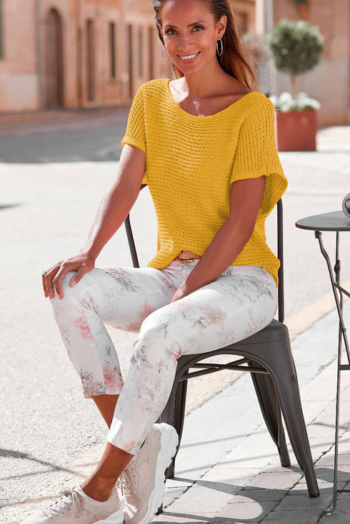Textured Open Weave V Neck Short Sleeve Shirt