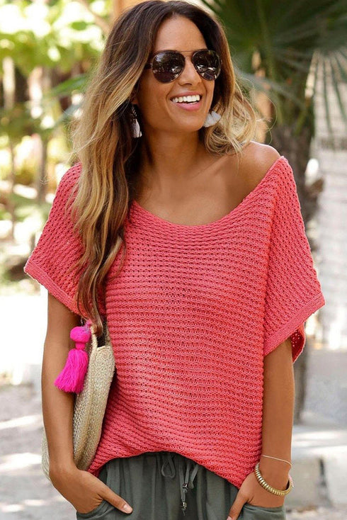 Textured Open Weave V Neck Short Sleeve Shirt