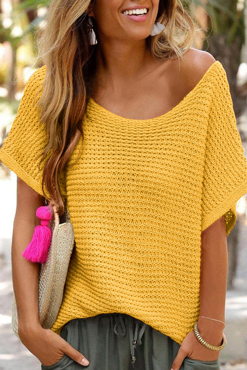 Textured Open Weave V Neck Short Sleeve Shirt