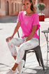 Textured Open Weave V Neck Short Sleeve Shirt