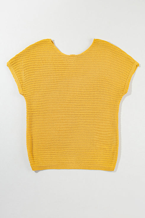 Textured Open Weave V Neck Short Sleeve Shirt