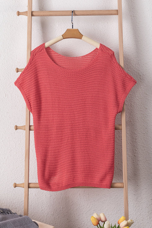 Textured Open Weave V Neck Short Sleeve Shirt
