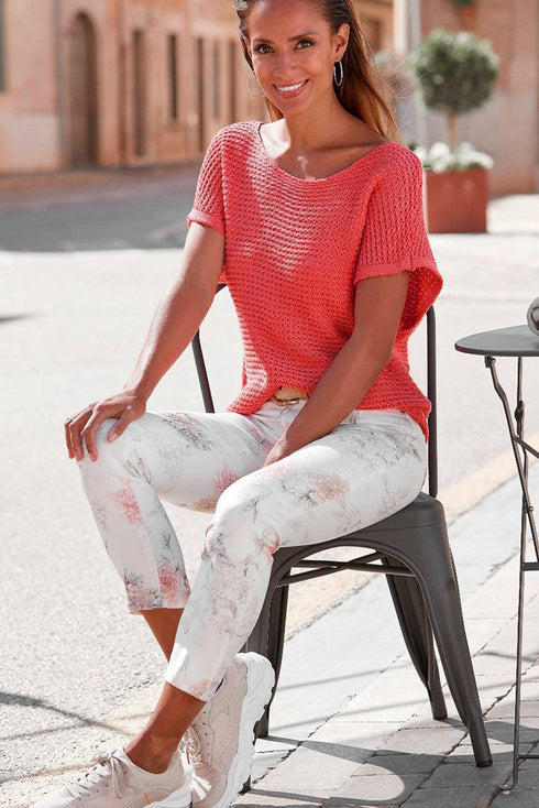 Textured Open Weave V Neck Short Sleeve Shirt