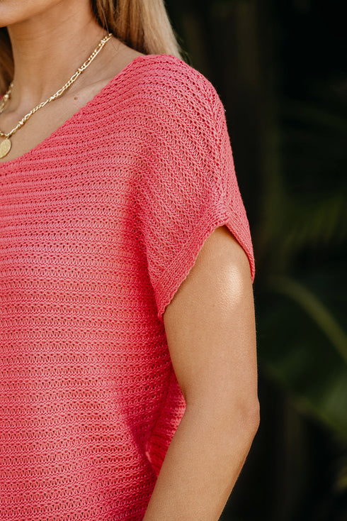 Textured Open Weave V Neck Short Sleeve Shirt