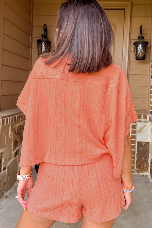 Textured Patch Pocket Short Sleeve Drawstring Shorts Set