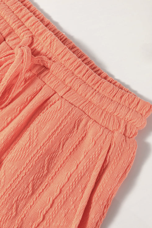 Textured Patch Pocket Short Sleeve Drawstring Shorts Set