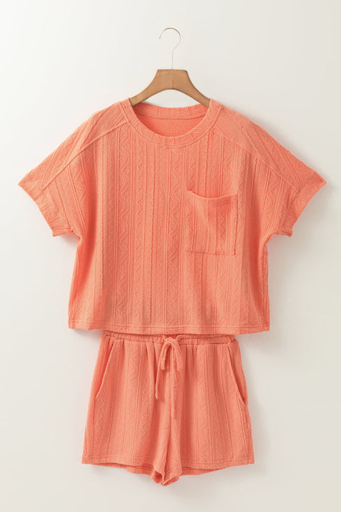 Textured Patch Pocket Short Sleeve Drawstring Shorts Set