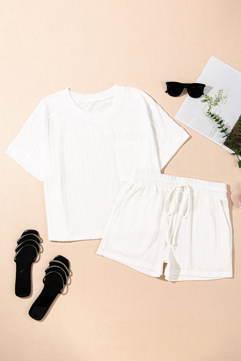 Textured Patch Pocket Short Sleeve Drawstring Shorts Set