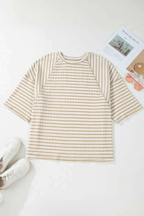 Textured Patchwork Stripe Print Half Sleeve Top