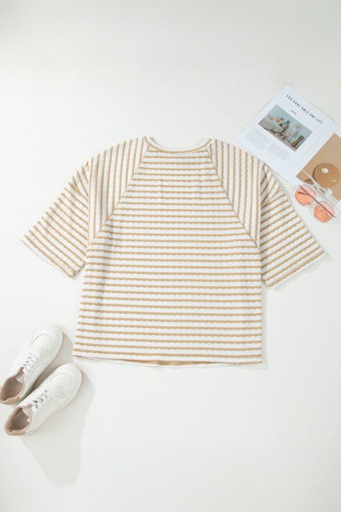 Textured Patchwork Stripe Print Half Sleeve Top