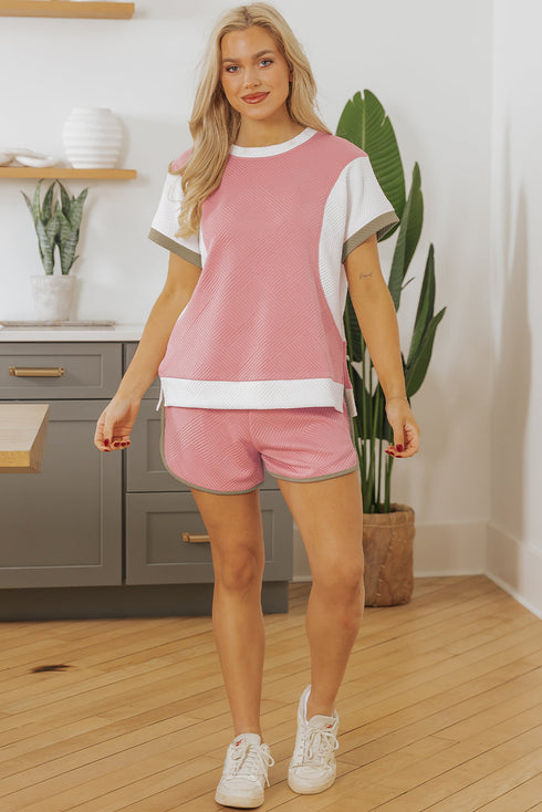 Textured Patchwork Tee And Two Piece Short Sets