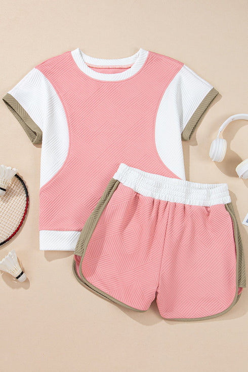 Textured Patchwork Tee And Two Piece Short Sets