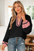 Textured Patchwork V Neck Long Sleeve Blouse