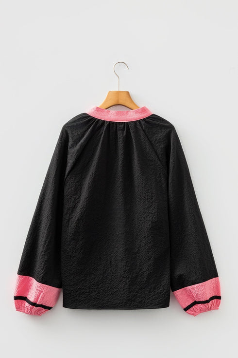 Textured Patchwork V Neck Long Sleeve Blouse