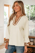 Textured Patchwork V Neck Long Sleeve Blouse