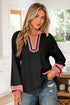 Textured Patchwork V Neck Long Sleeve Blouse