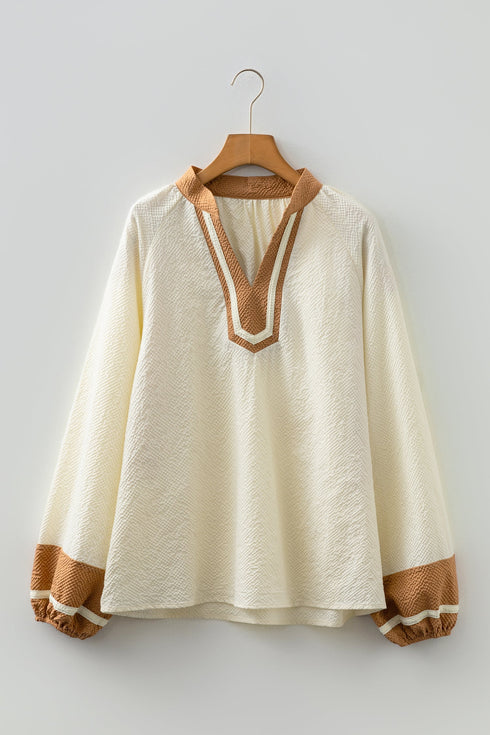 Textured Patchwork V Neck Long Sleeve Blouse