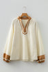 Textured Patchwork V Neck Long Sleeve Blouse