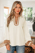 Textured Patchwork V Neck Long Sleeve Blouse