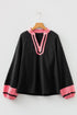 Textured Patchwork V Neck Long Sleeve Blouse