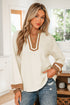 Textured Patchwork V Neck Long Sleeve Blouse