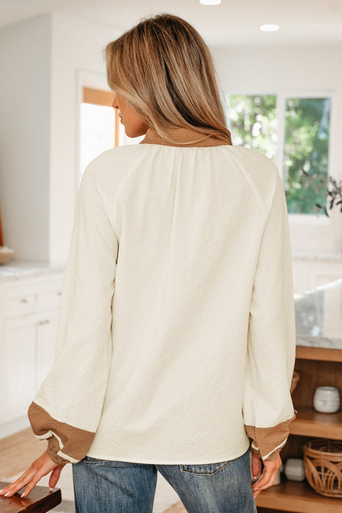 Textured Patchwork V Neck Long Sleeve Blouse