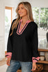 Textured Patchwork V Neck Long Sleeve Blouse