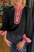 Textured Patchwork V Neck Long Sleeve Blouse