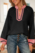 Textured Patchwork V Neck Long Sleeve Blouse