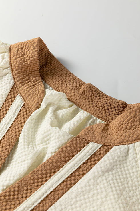 Textured Patchwork V Neck Long Sleeve Blouse