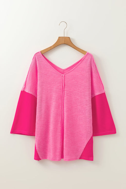 Textured Patchwork V Neck Three Quarter Sleeve Loose Blouse