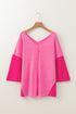 Textured Patchwork V Neck Three Quarter Sleeve Loose Blouse