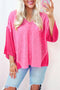 Textured Patchwork V Neck Three Quarter Sleeve Loose Blouse