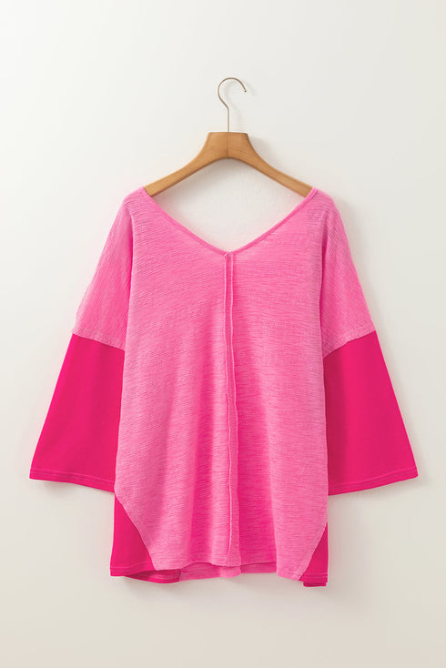 Textured Patchwork V Neck Three Quarter Sleeve Loose Blouse
