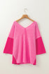 Textured Patchwork V Neck Three Quarter Sleeve Loose Blouse