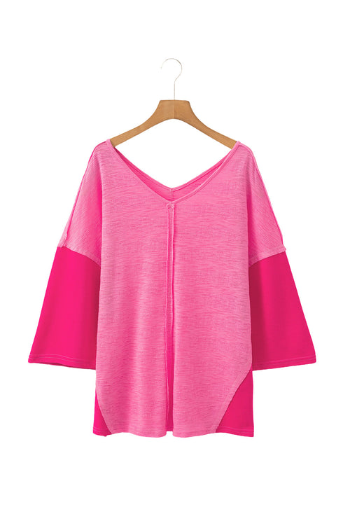 Textured Patchwork V Neck Three Quarter Sleeve Loose Blouse