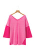 Textured Patchwork V Neck Three Quarter Sleeve Loose Blouse