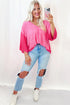Textured Patchwork V Neck Three Quarter Sleeve Loose Blouse