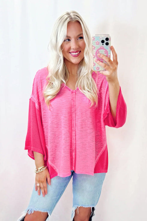 Textured Patchwork V Neck Three Quarter Sleeve Loose Blouse